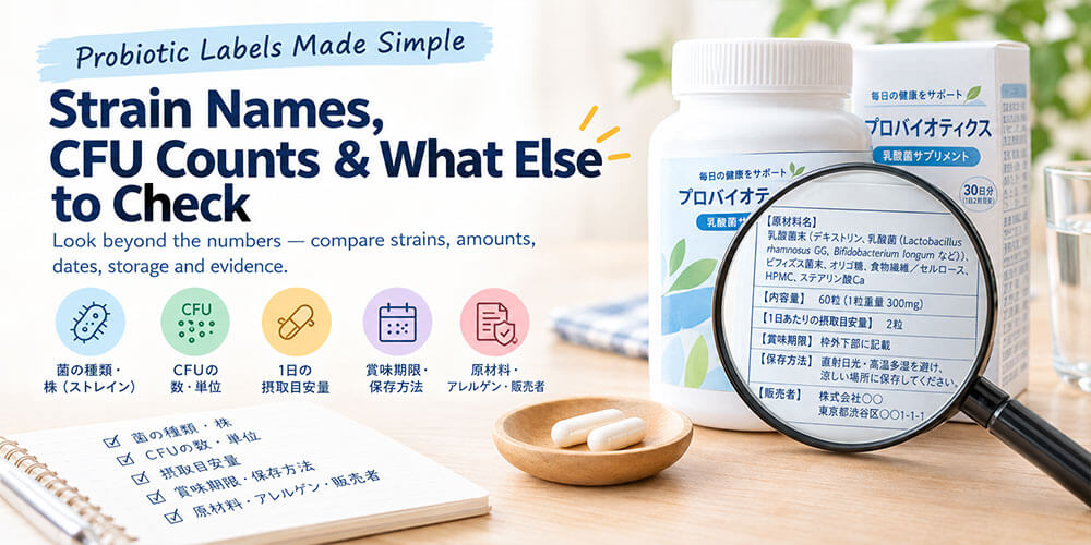 Probiotic label guide to strain names, CFU counts, serving sizes, and date information