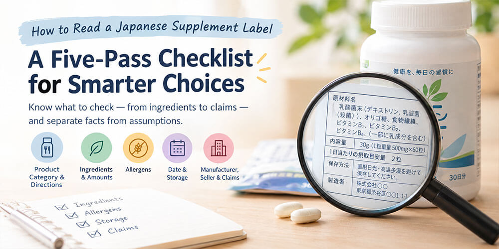 Five-pass Japanese supplement label checklist covering directions, ingredients, allergens, dates, and claims